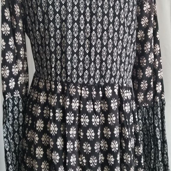 Miami Boho Dress Black White Print Buttoned Bodice Long Sleeve Size Large - Picture 8 of 10